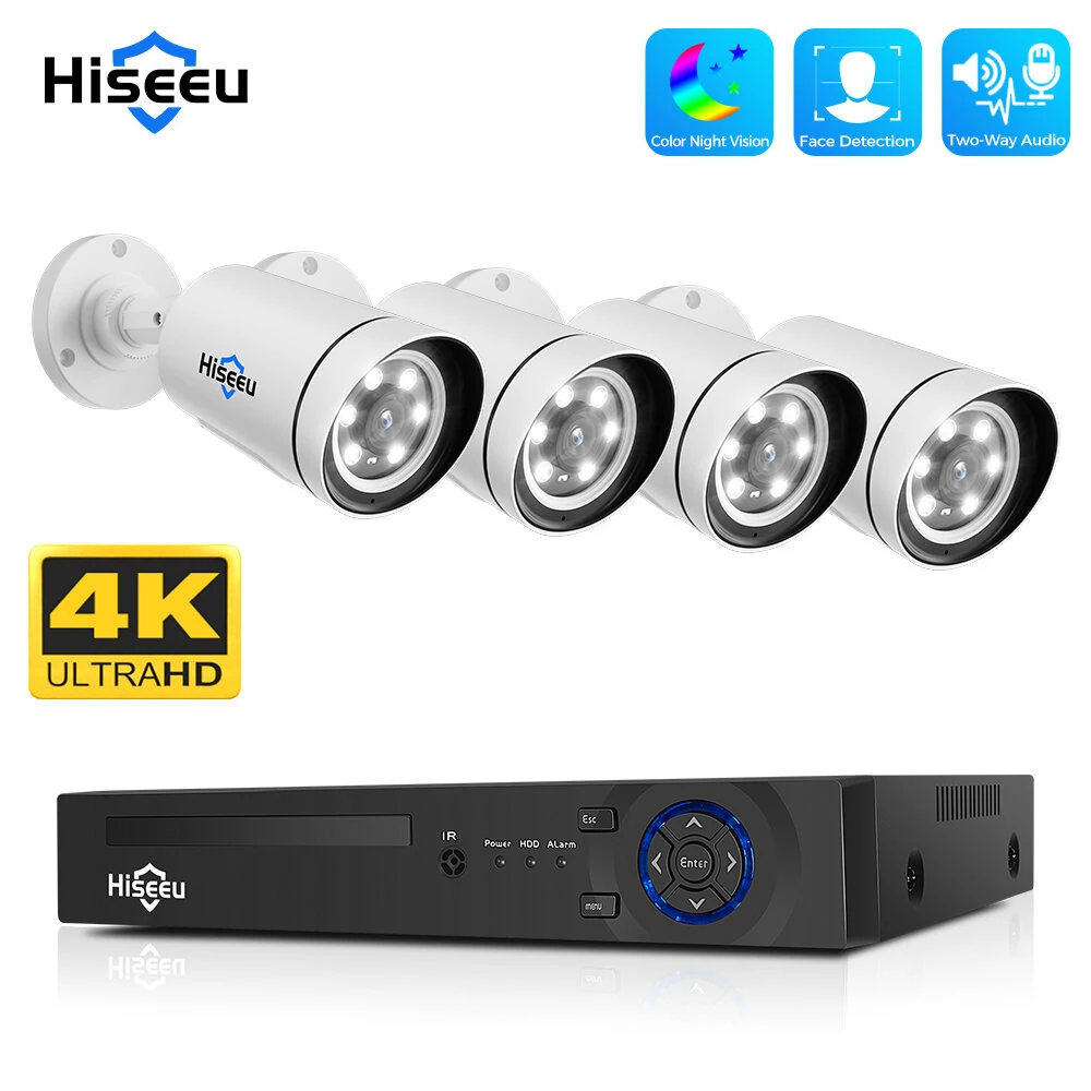 Hiseeu 4K UHD 4CH 8MP PoE Security Camera Kit Color Night Vision