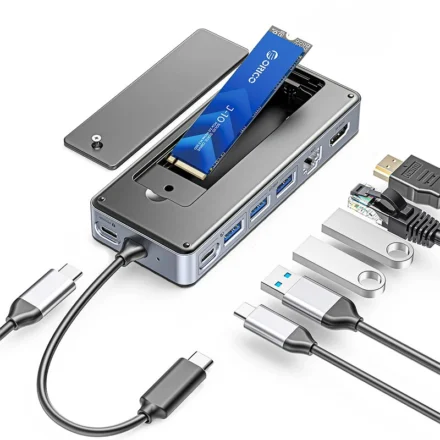 ORICO 8-in-1 USB-C Hub with M.2 NVMe SATA SSD Enclosure 4K/60Hz PD 100W RJ45