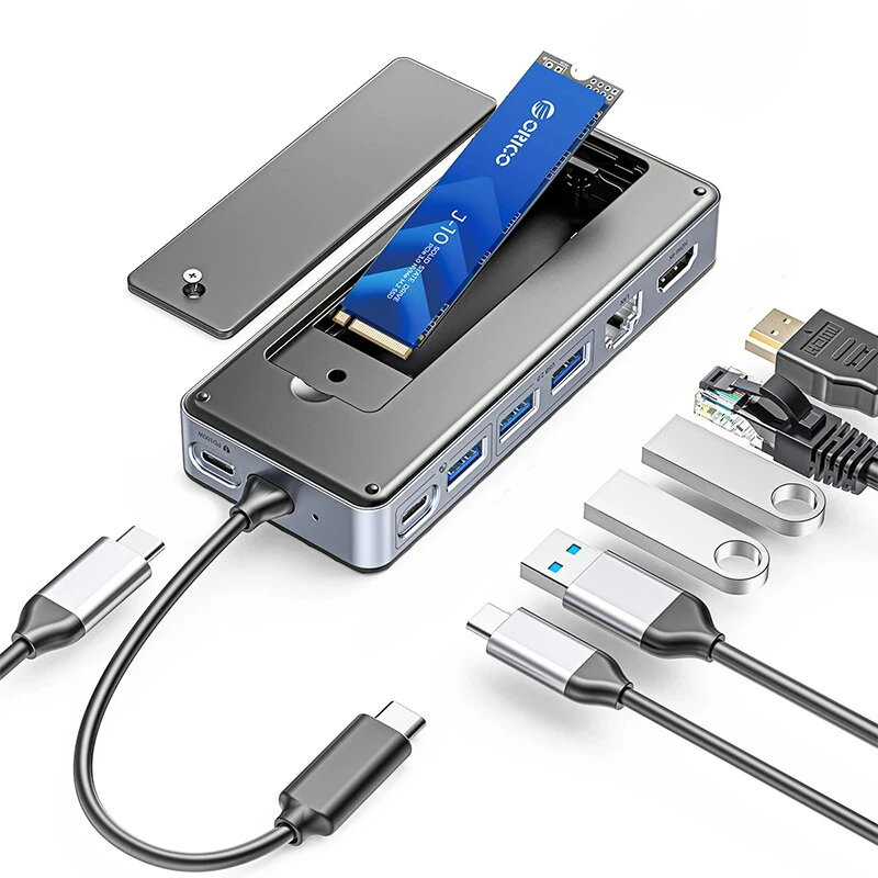 ORICO 8-in-1 USB-C Hub with M.2 NVMe SATA SSD Enclosure 4K/60Hz PD 100W RJ45