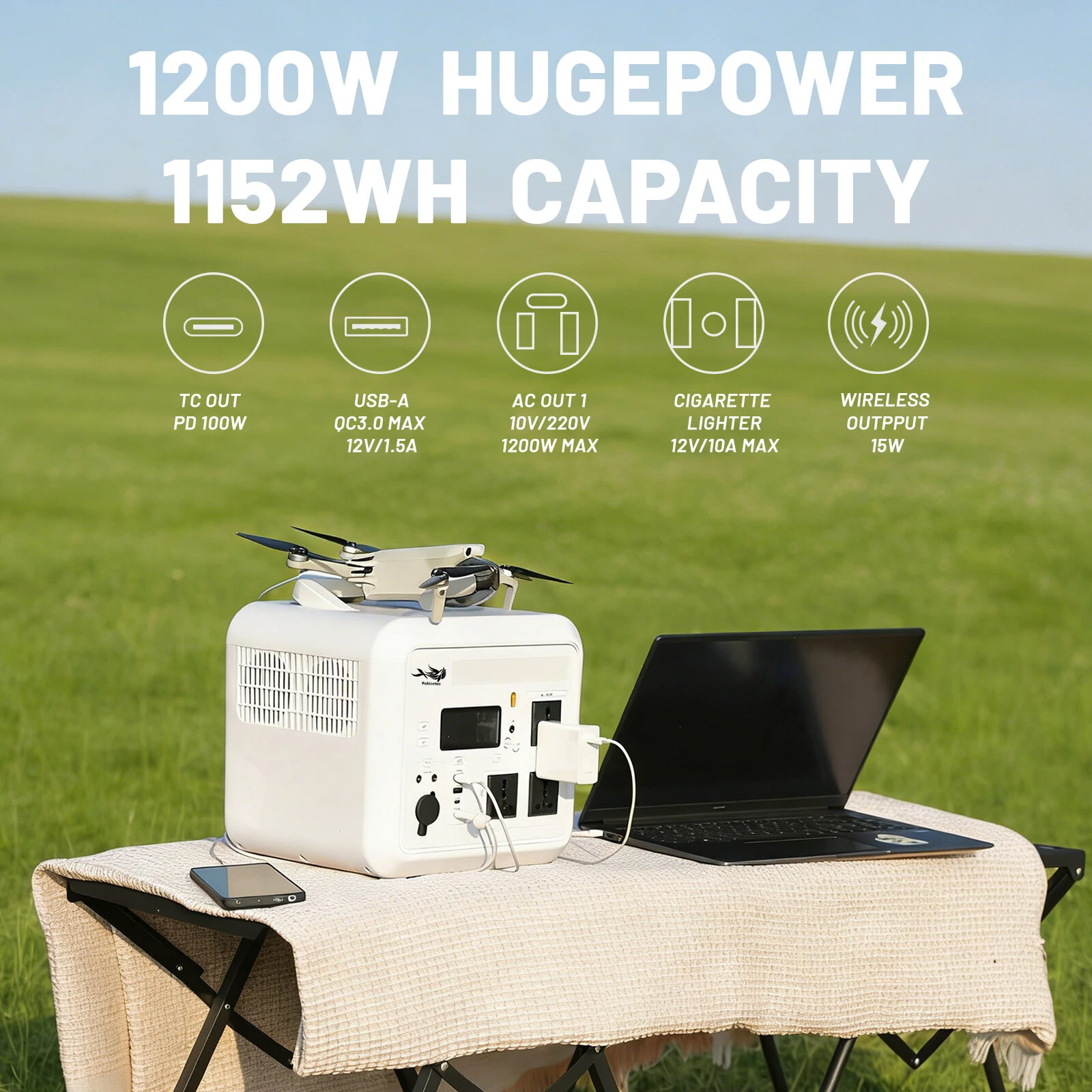 1200W Portable Power Station 1152Wh Solar Generator PD100W Wireless Charging